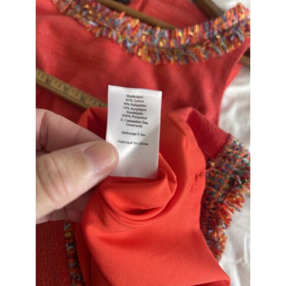 Talbot's Textured Coral Quiet Luxury Tweed Sleeveless Fringe-Neck Shift Dress 4 - Picture 7 of 7